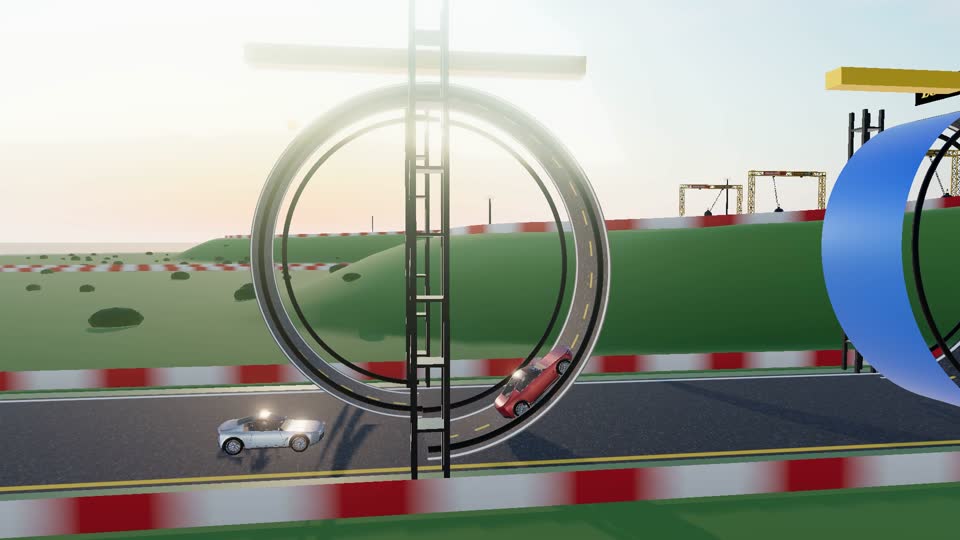 Cars racing through the loops at Chaos Cove